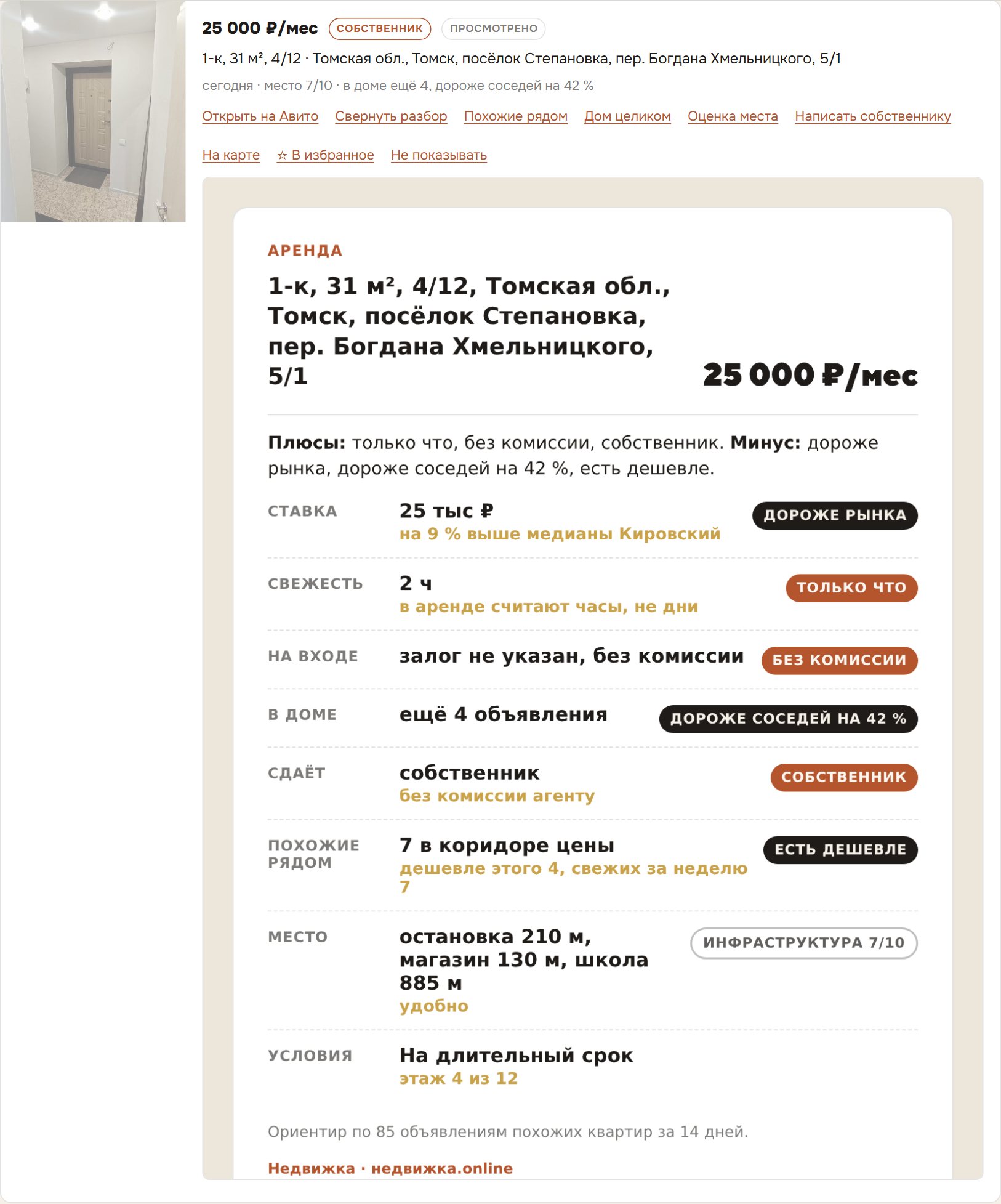 Карточка варианта в кабинете: Однушка в Степановке, 25 000 ₽/мес, с открытым разбором